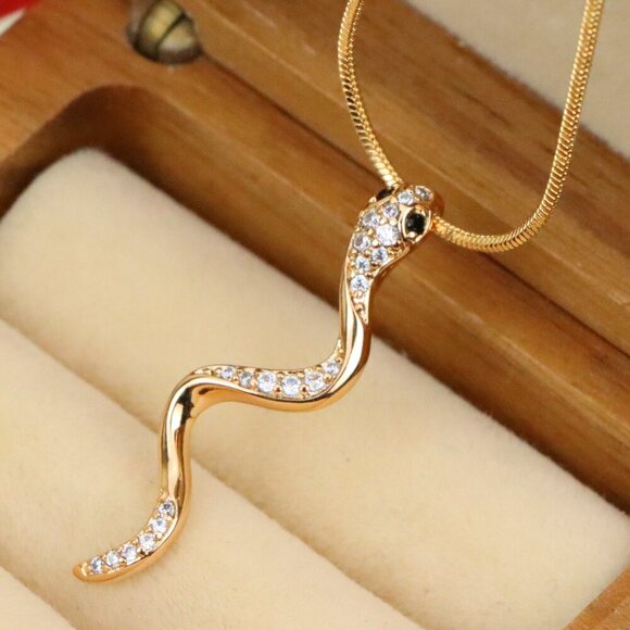 "Slim Rose Gold Snake Pendant with Crystal Detailing, XPPT1275 - Picture 1 of 13
